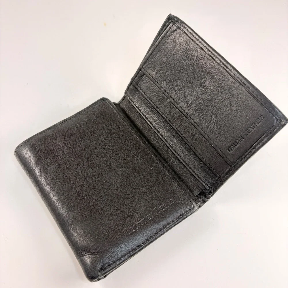Geoffrey Beene Mens Trifold Wallet Black Italian Leather ID Window Key Slots